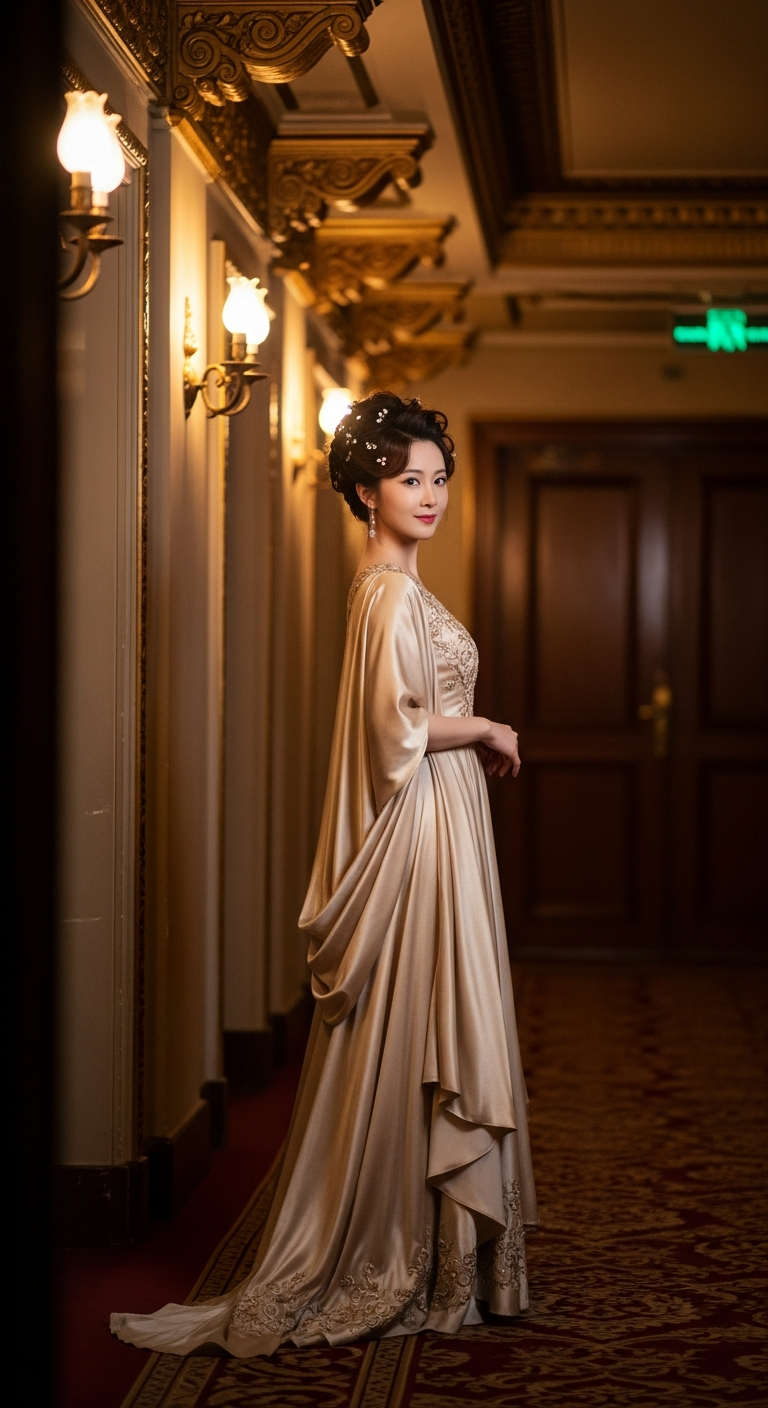AI_IMAGE: An elegant Chinese actress in a flowing champagne-gold silk gown standing in a softly lit backstage corridor of a grand theater, warm amber lighting, shallow depth of field, refined and cinematic atmosphere | photorealistic | portrait
