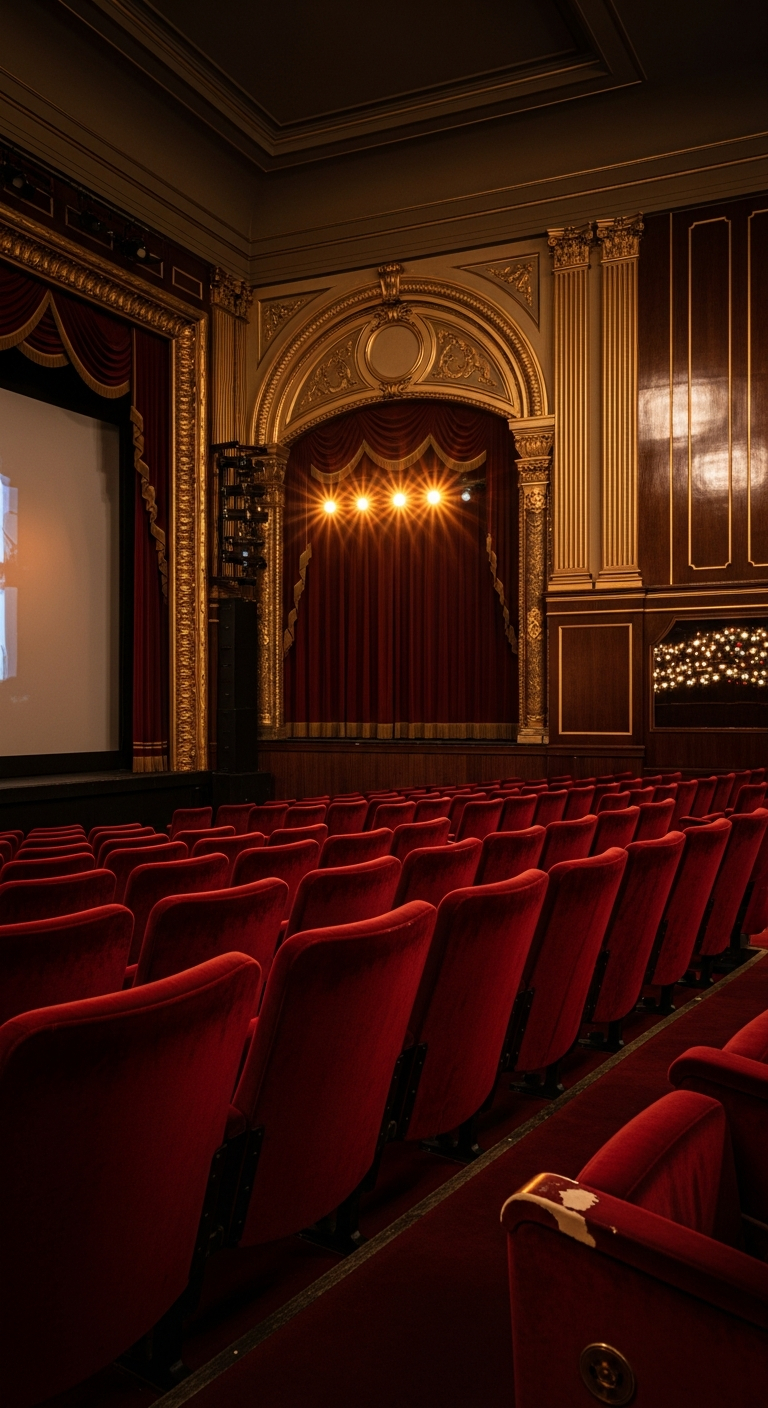 AI_IMAGE: An elegant editorial-style photograph of a dimly lit vintage cinema interior with velvet seats and warm amber stage lighting. Rich textures of dark wood paneling and gold trim details, moody atmospheric lighting with soft bokeh in background, sophisticated and luxurious ambiance | photorealistic | portrait