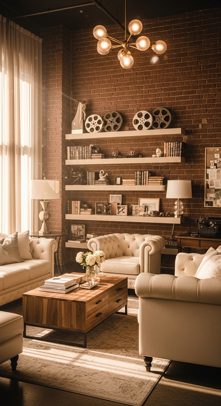 AI_IMAGE: A warm-toned editorial photograph of an elegant creative office space with exposed brick walls, gold accents, vintage film reels as decor, and soft natural light filtering through sheer curtains. Cream-colored furniture with leather details, books and scripts arranged artfully on shelves | photorealistic | portrait